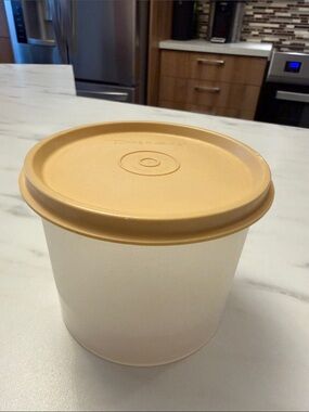 Vtg Tupperware Tan Lid White/Opaque Round Food Storage Container